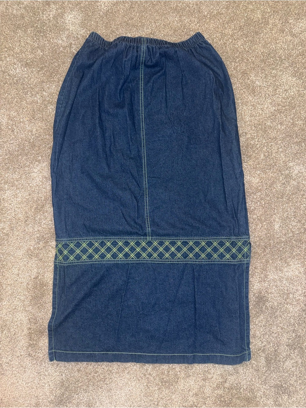 Vintage Saint Germain Paris Denim Midaxi Skirt with Green Embroidered Band